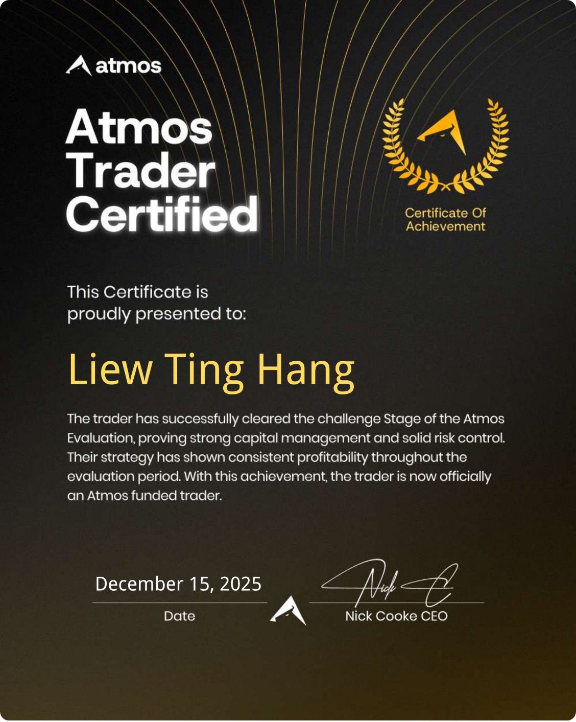 Funded trader certificate — Atmos Trader Certified